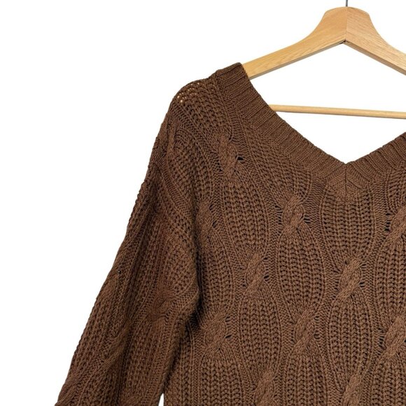 Pink Rose Pullover V-Neck Sweater Long Sleeve Button Back Sz Medium Muted Brown - Picture 2 of 7